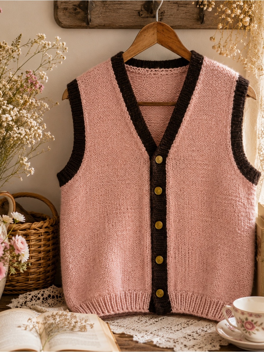 Vintage Hand Knit Pink Sweater Vest Brown Trim Cottagecore Grandpa Core